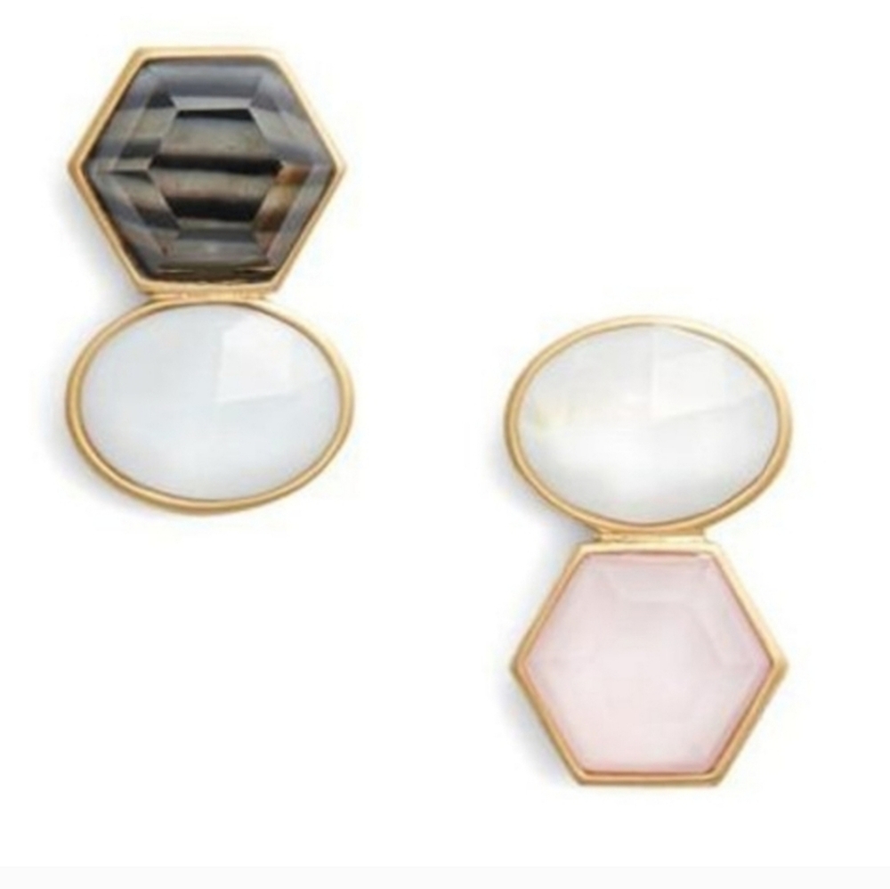 Kate Spade Gold Black Pink Stud Earrings Modern Asymetrical Sunshine Stone